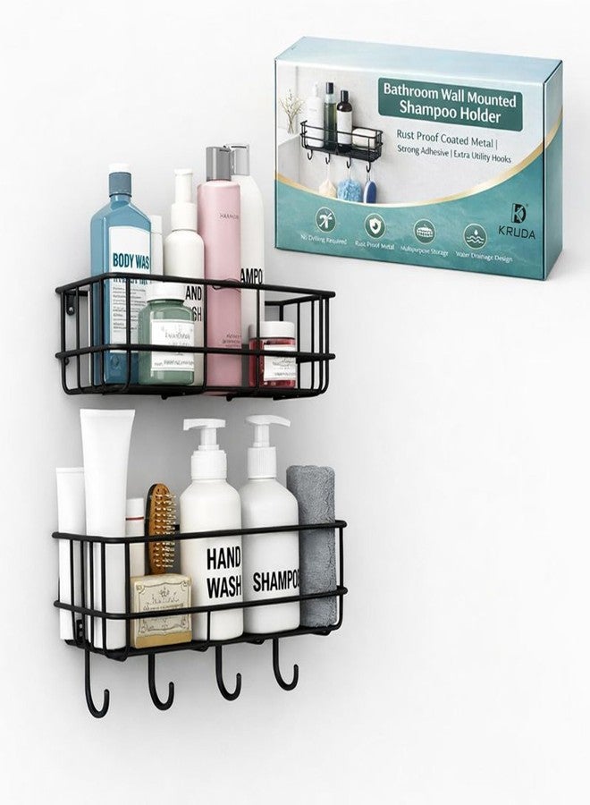 KRUDA Bathroom Rack for Shampoo Organizer with Shelf Adhesive Set of 2 Bathroom Shelf Rack with 4 Hooks Wall Storage Organizer Metal Rack for Bathroom, Black(1 Self with Hook, 1 self Without Hook) - Image 1